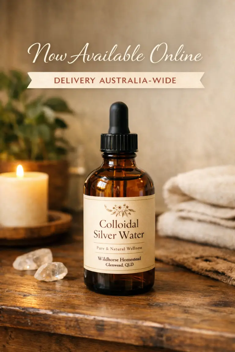 Colloidal silver water in amber glass bottle at Wildhorse Homestead Wellness Studio, Glenwood QLD