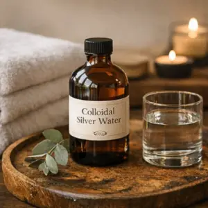Colloidal silver water in amber glass bottle at Wildhorse Homestead Wellness Studio, Glenwood QLD