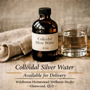 Colloidal silver water in amber glass bottle at Wildhorse Homestead Wellness Studio, Glenwood QLD