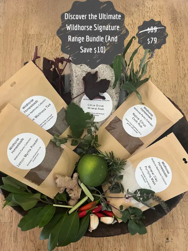 The Wildhorse Signature Range, Lemon Myrtle Powder, Native Lemon Myrtle Chilli Rub, Native Wellness Tea, Citrus grove Mineral Soak, Mineral Clay Purifying Mask