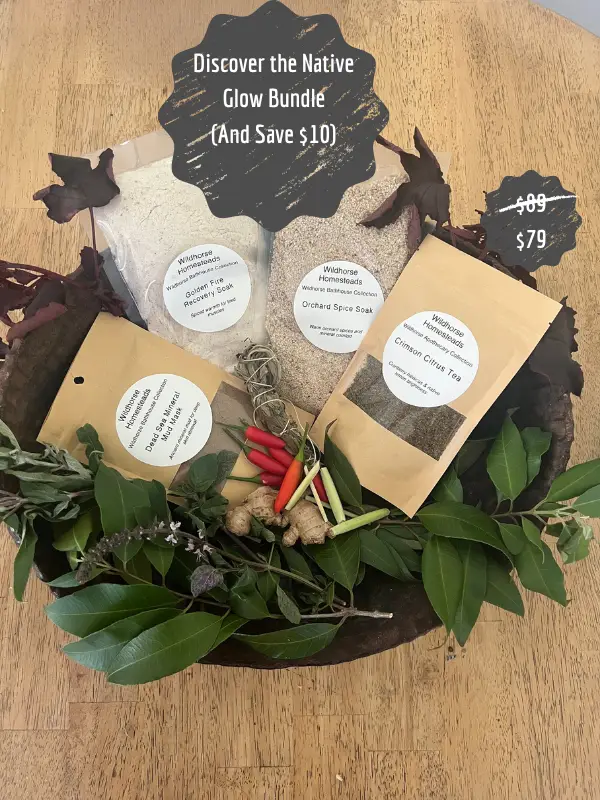 The Native Glow Bundle, Golden Fire Recovery Soak, Wildhorse Orchard Spice Soak, Dead Sea Mud (Maris Limus) Mask, Crimson Citrus Tea, Smudge