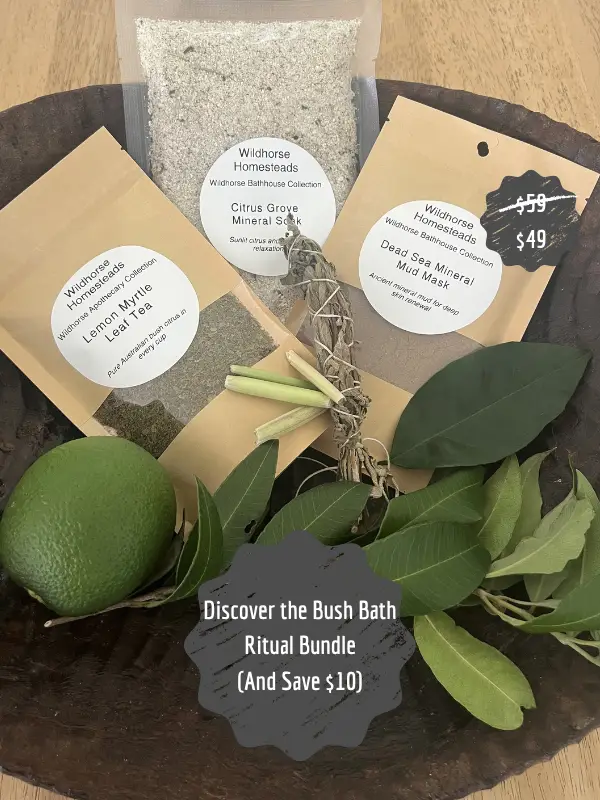 Bush Bath Ritual Bundle, Wildhorse Citrus Grove Fizzy Soak, Dead Sea Mud (Maris Limus) Mask, Lemon Myrtle Tea, Smudge