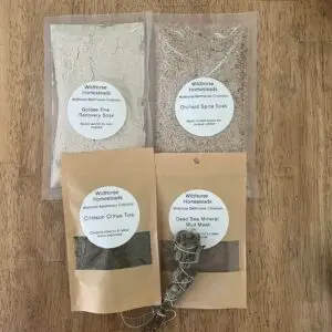 The Native Glow Bundle, Golden Fire Recovery Soak, Wildhorse Orchard Spice Soak, Dead Sea Mud (Maris Limus) Mask, Crimson Citrus Tea, Sage Smudge