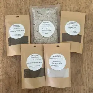 The Wildhorse Signature Range, Lemon Myrtle Powder, Native Lemon Myrtle Chilli Rub, Native Wellness Tea, Citrus grove Mineral Soak, Mineral Clay Purifying Mask