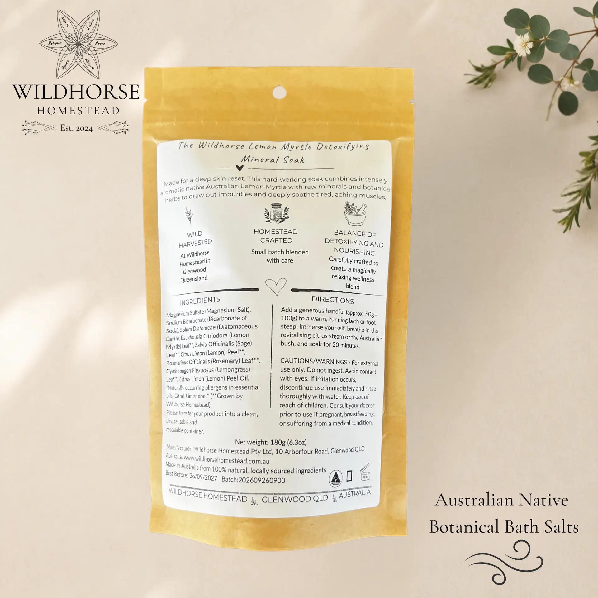 Wildhorse Lemon Myrtle Detoxifying Mineral Soak 180g