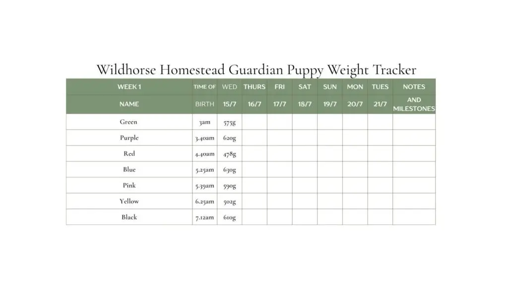 Wildhorse Homestead Foundation Guardian Puppy Weight Tracker