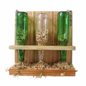 Wildhorse Woodworx Rustic Triple Bird Feeder Front Green and Clear Bottles