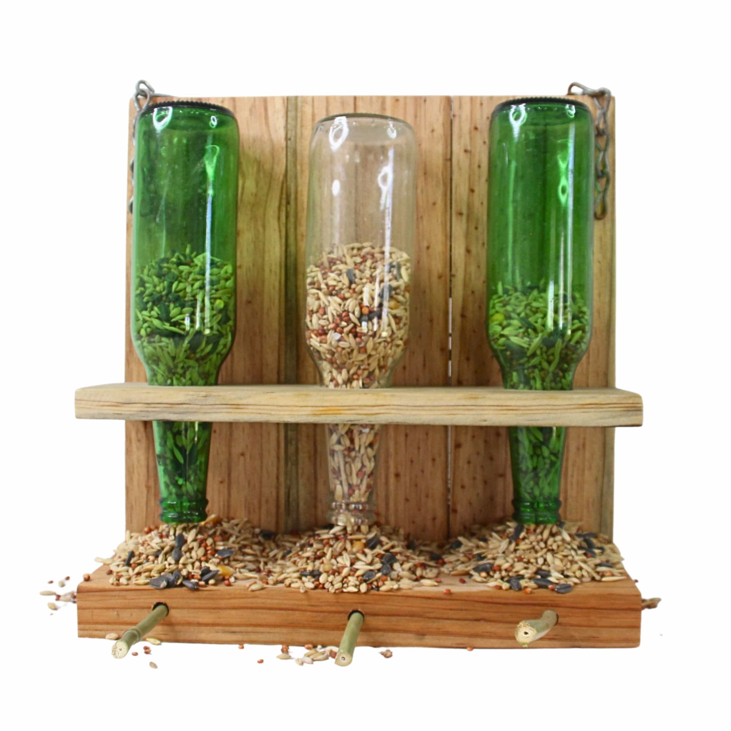 Wildhorse Woodworx Rustic Triple Bird Feeder Front Green and Clear Bottles